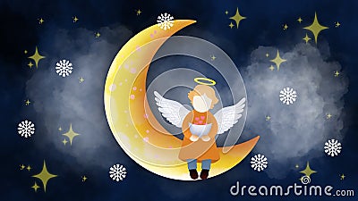 Enchanted fairy, With an aura of calm An angel sitting on a crescent moon Her wings gracefully surround her Stock Photo